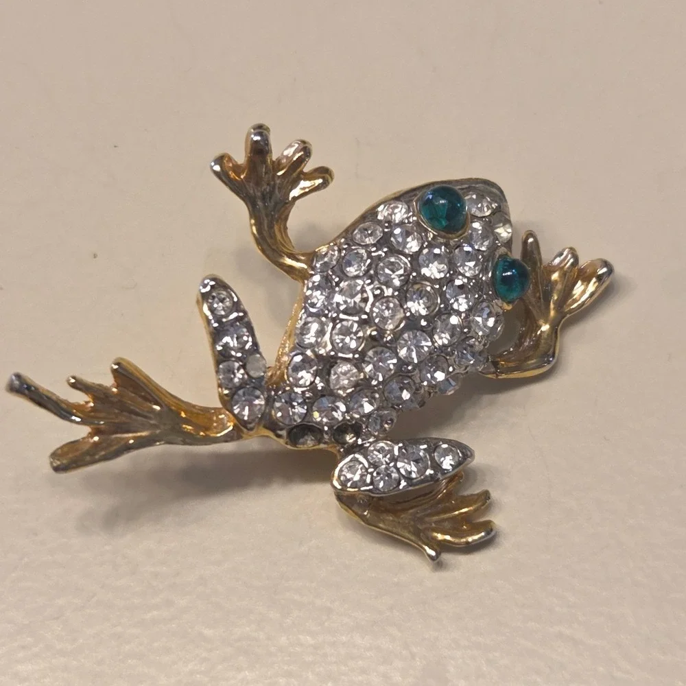 Vintage Sparkling Rhinestone‎ Frog Pin Brooch Green Glass Eyes Gold Tone AS IS